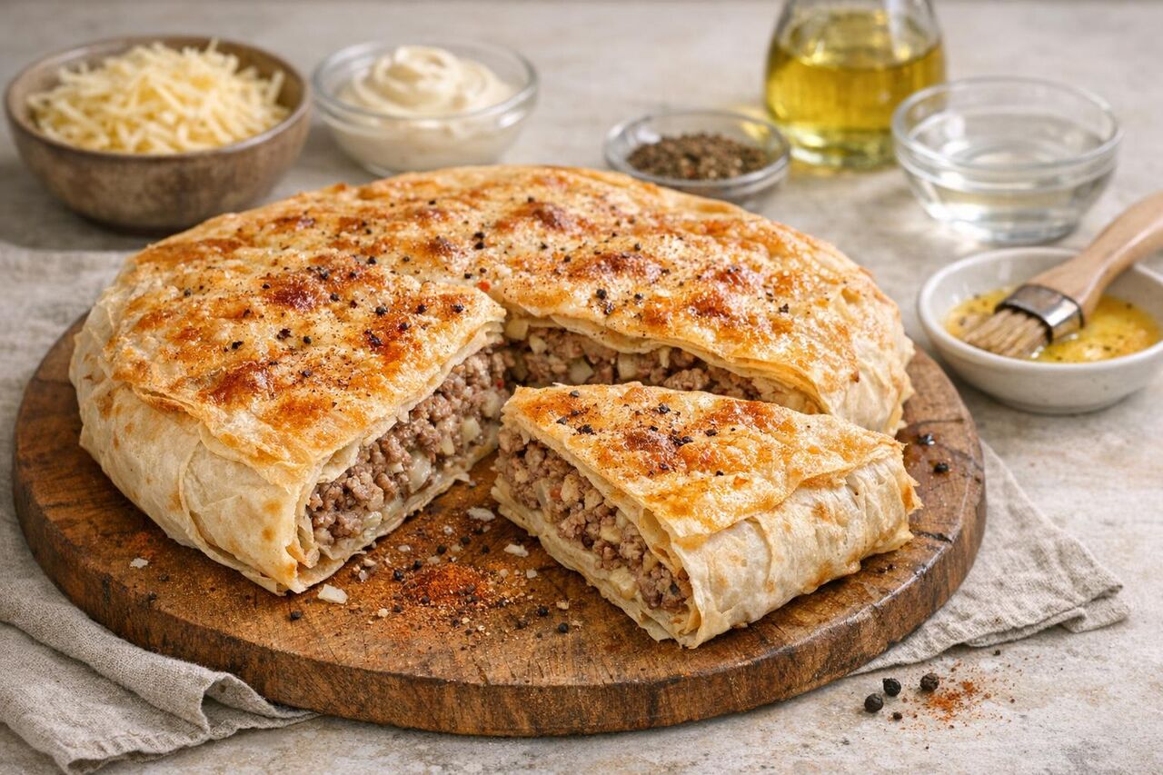 М’ясний пиріг з лаваша — ароматний фарш з овочами, щільно загорнутий у лаваш та запечений з сиром до золотистої скоринки